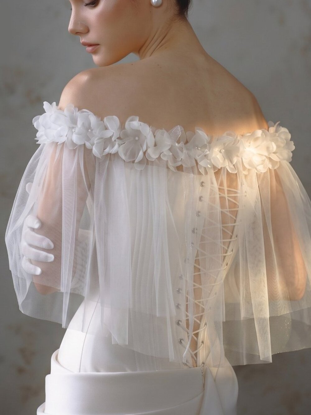 🌸3D Flower Off Shoulder Bridal Capelet Sheer Tulle Cover Up🌸